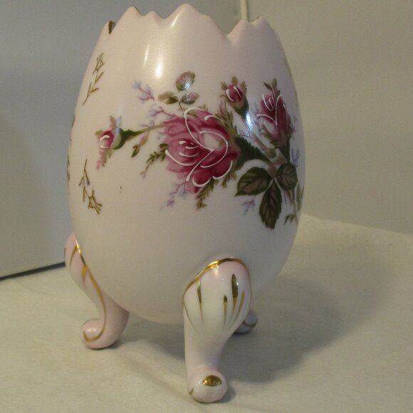 Vintage Napco Japan Porcelain Pale Pink Floral Egg Footed  Bowl Vase - Picture 3 of 8